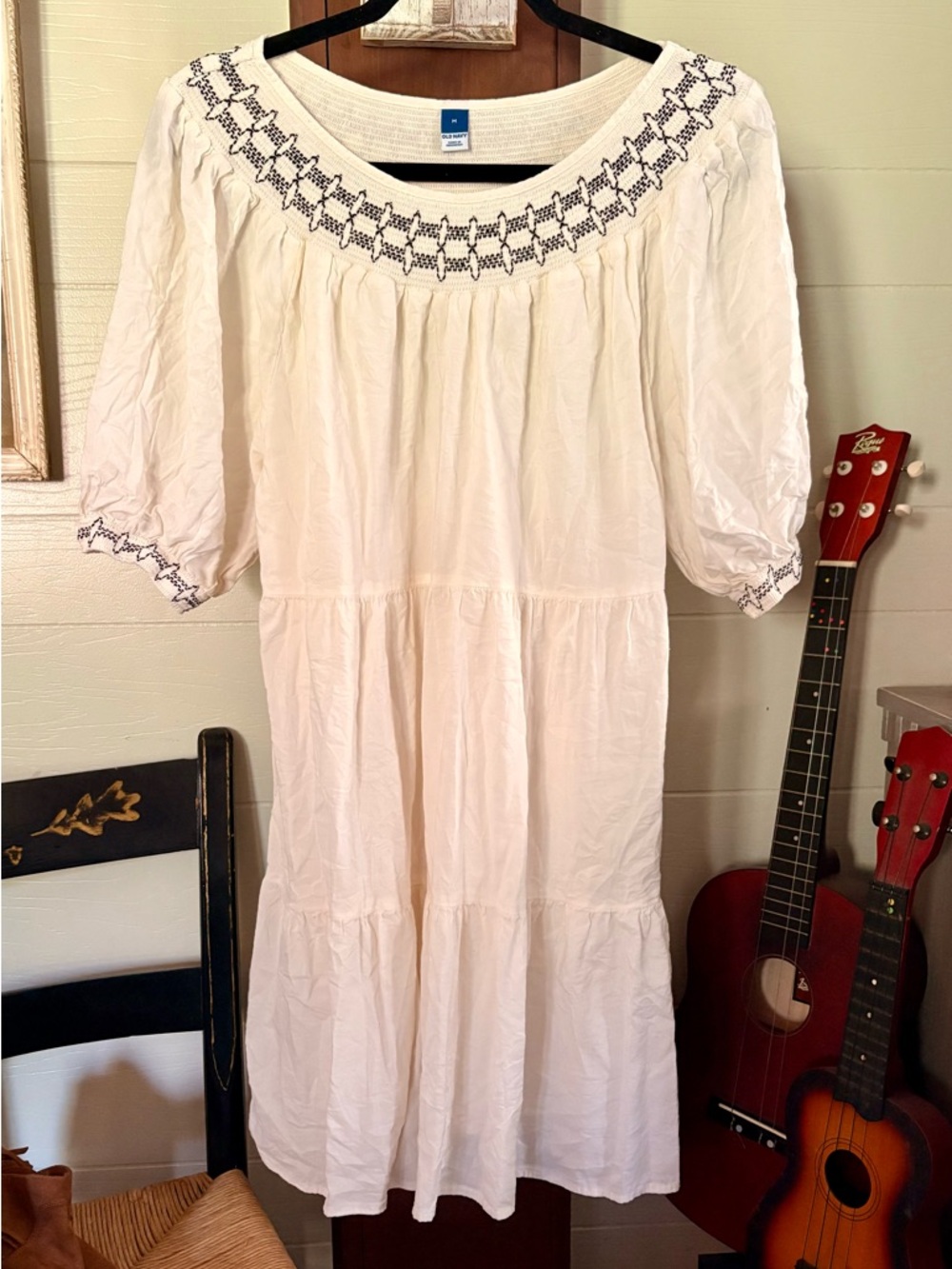 Old Navy Cream Peasant Dress Black Embroider Trim Tiered Coachella Cottagecore M